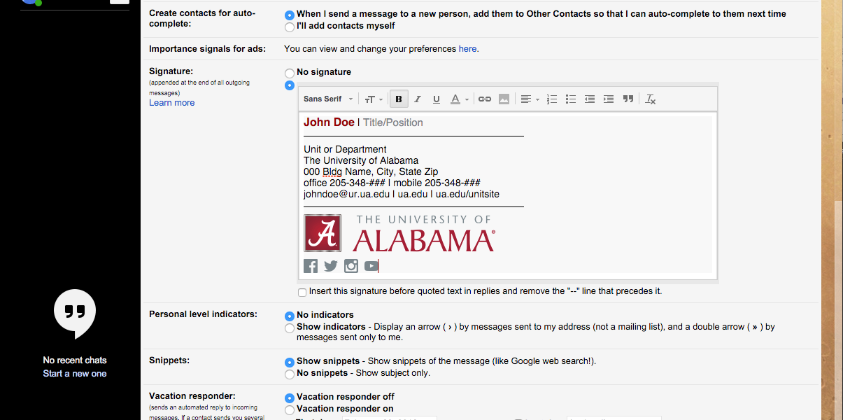 The Gmail signature field with a pasted signature