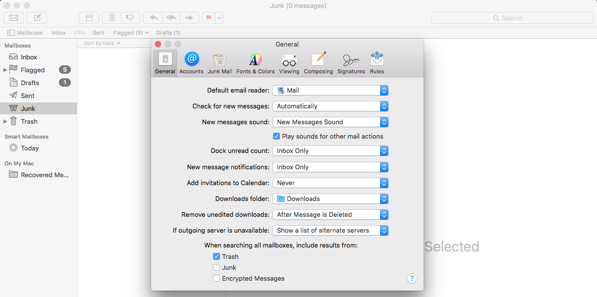 The Mac Mail general settings window