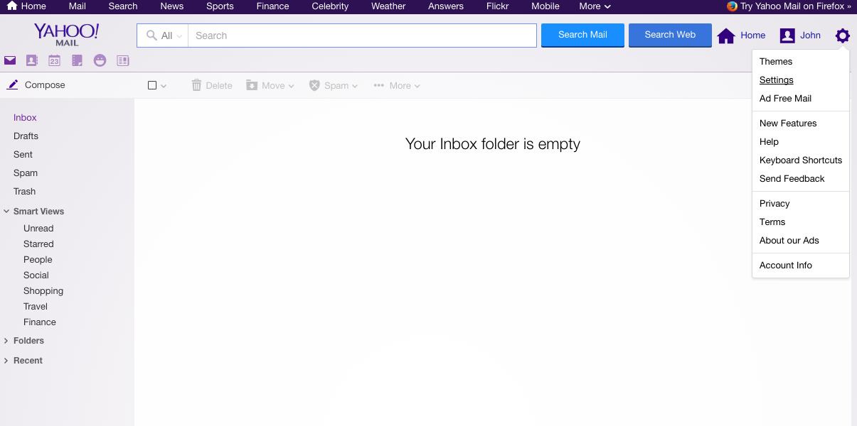 The Yahoo settings menu